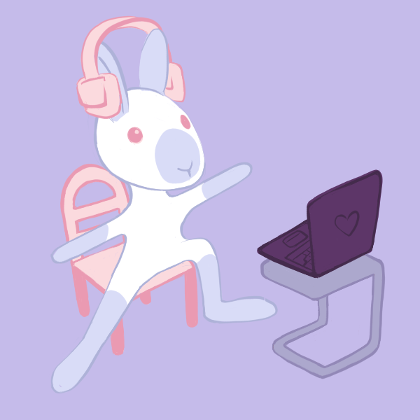rabbit doing yoga on a chair, using a laptop
